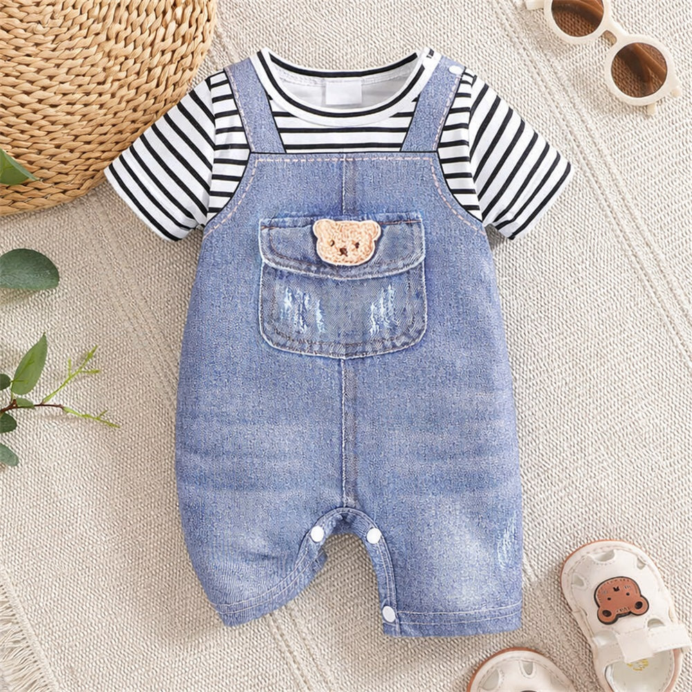 Adorable Bear Printed Striped Short Sleeve Baby Jumpsuit