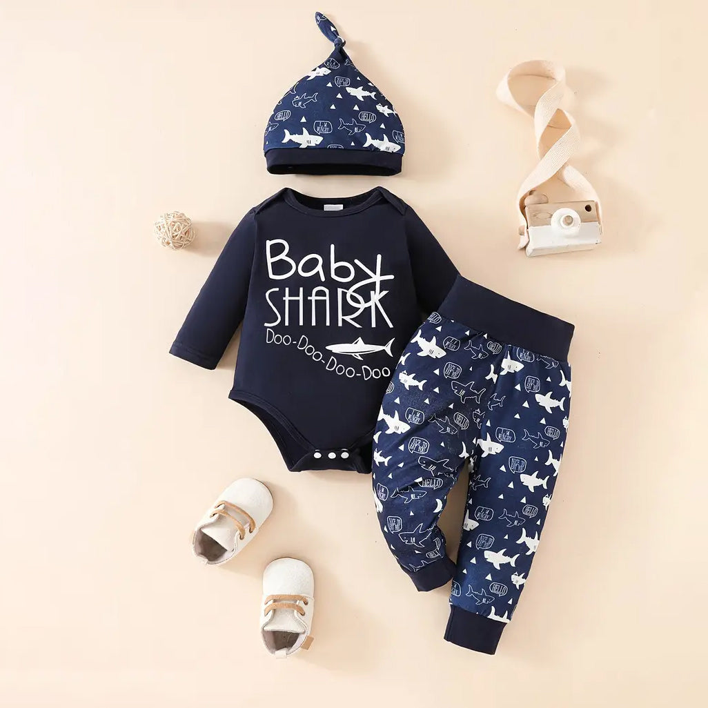 3PCS Baby Shark Letter Shark Printed Long Sleeve Baby Set