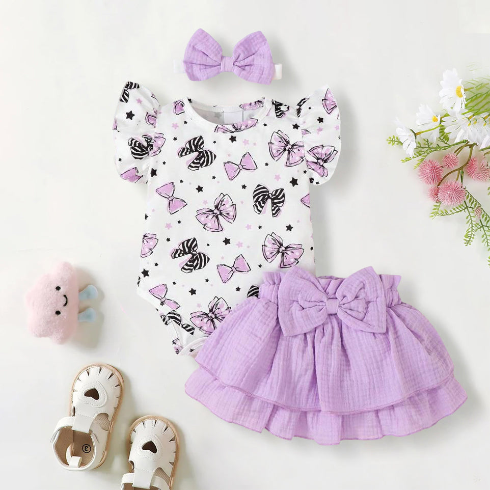 3PCS Summer Cartoon Bow Printed Round Neck Cap Sleeve Baby Set