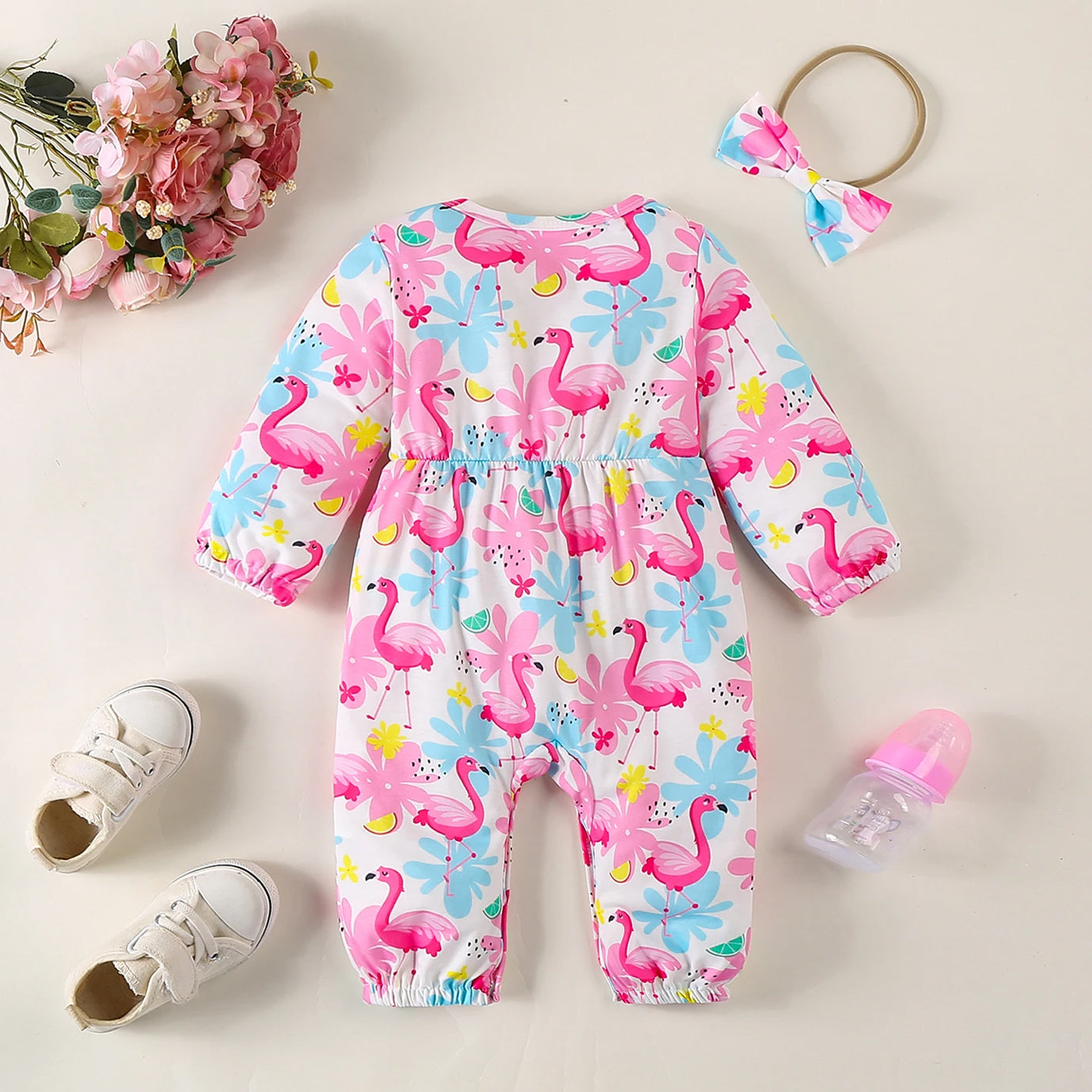 2PCS Flamingo Floral Printed Baby Jumpsuit