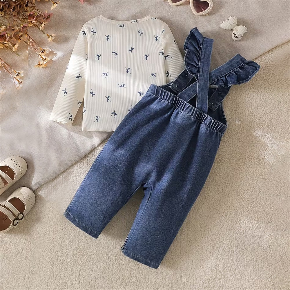 2PCS Floral Print Long Sleeve Baby Denim Overalls Set