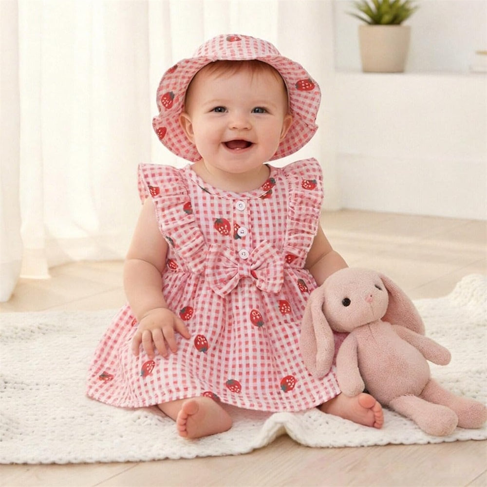 3PCS Summer Sweet Strawberry Printed Plaid Sleeveless Baby Set
