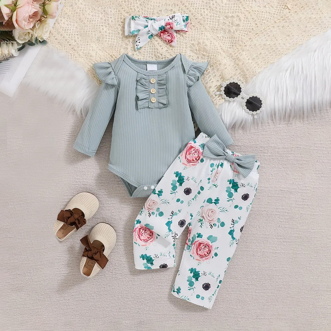 3PCS Floral Printed Ribbed Ruffle Long Sleeve Baby Set