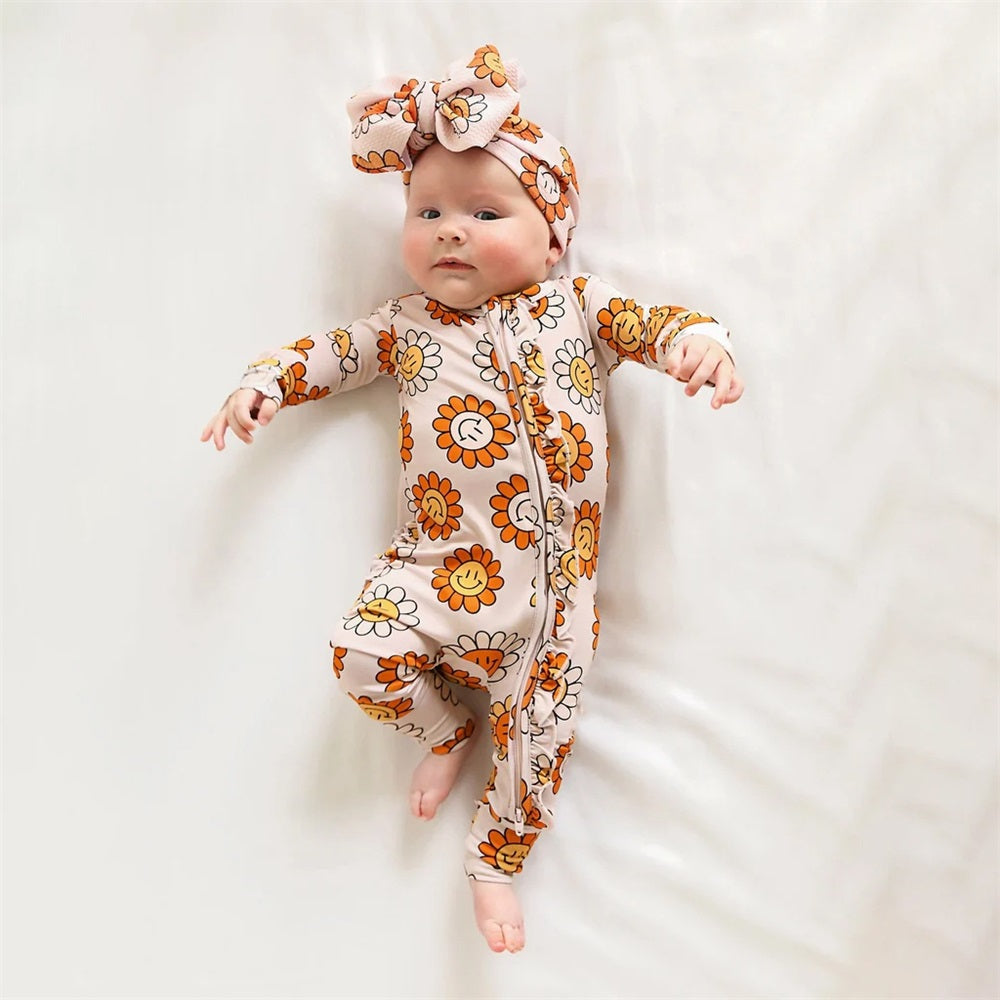 2PCS Cute Floral Print Long Sleeve Zipper Baby Jumpsuit