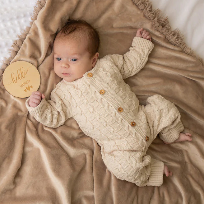 Warm Solid Color Basket Weave Knitted Long Sleeve Baby Jumpsuit