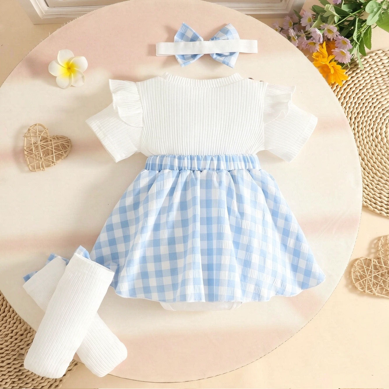 3PCS Sweet Color Block Plaid Printed Short Sleeve Baby Romper