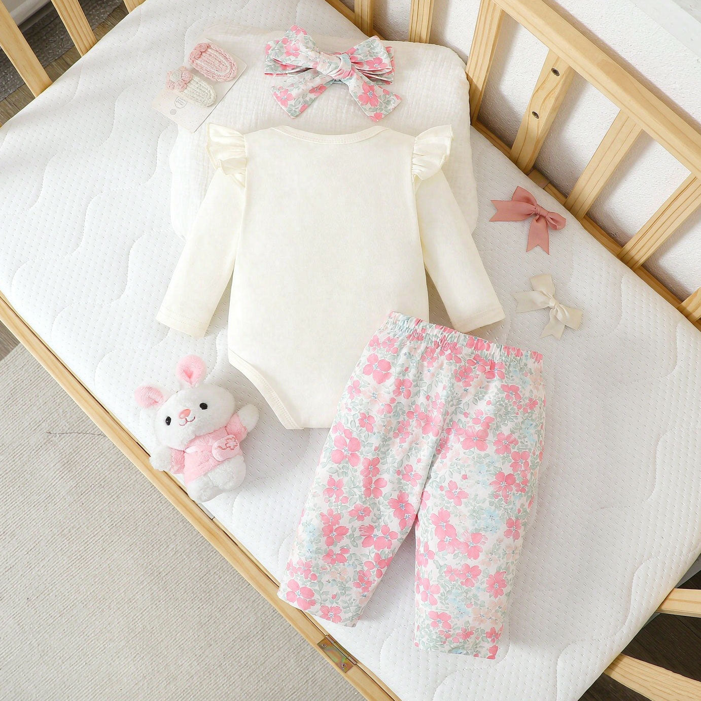 3PCS Pretty Bow Floral Printed Long Sleeve Baby Girl Set