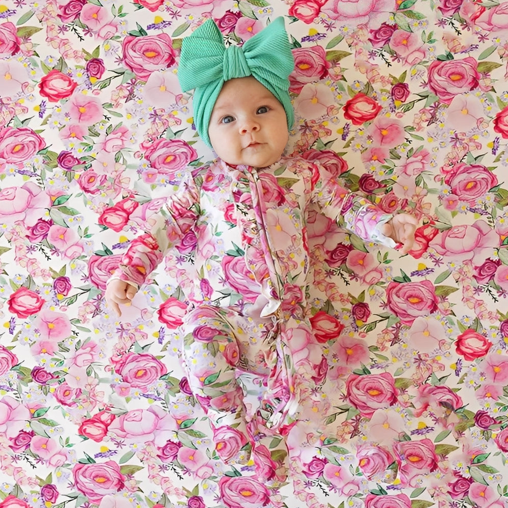 Allover Cheerful Floral Printed Ruffle Zipper Baby Jumpsuit