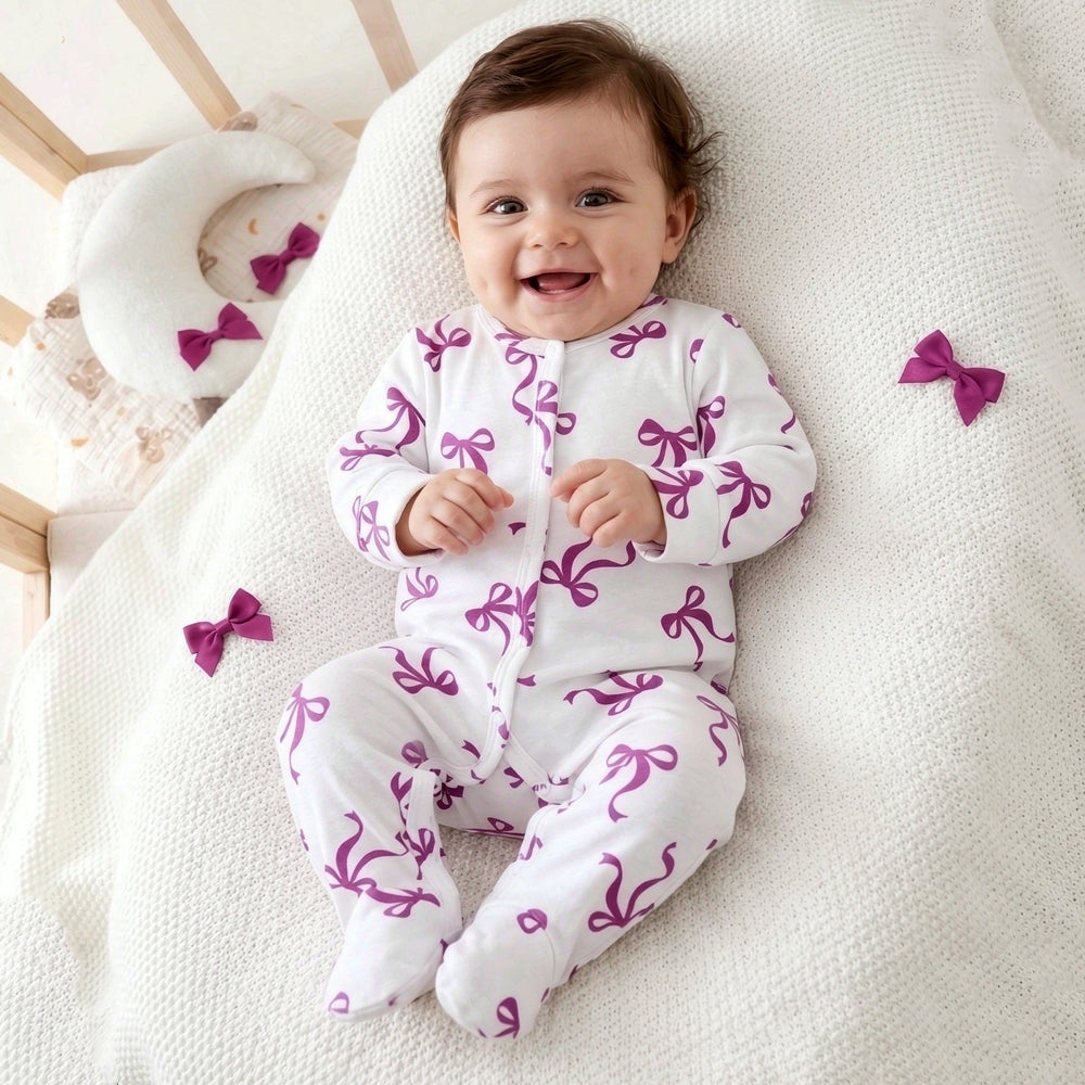 Delightful Bow Printed Long Sleeve Baby Jumpsuit