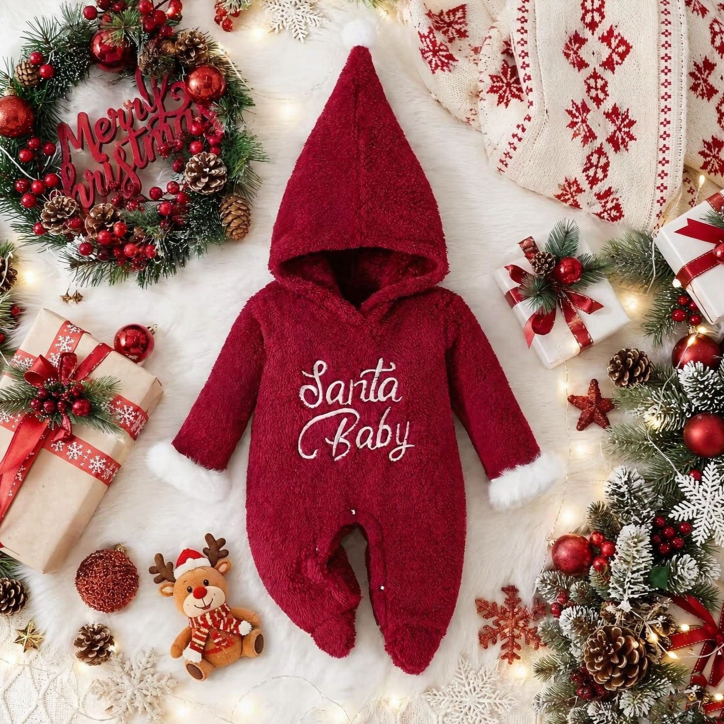 Santa Baby Letter Embroidered Long Sleeve Plush Hoodie Baby Jumpsuit