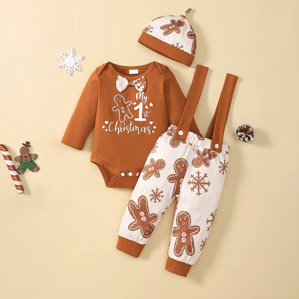 3PCS My 1st Christmas Letter and Gingerbread Man Printed Overalls Baby Set