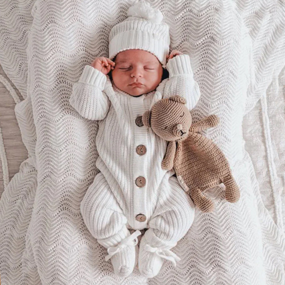 2PCS Solid Color Knitted Long Sleeve Baby Jumpsuit With Hat