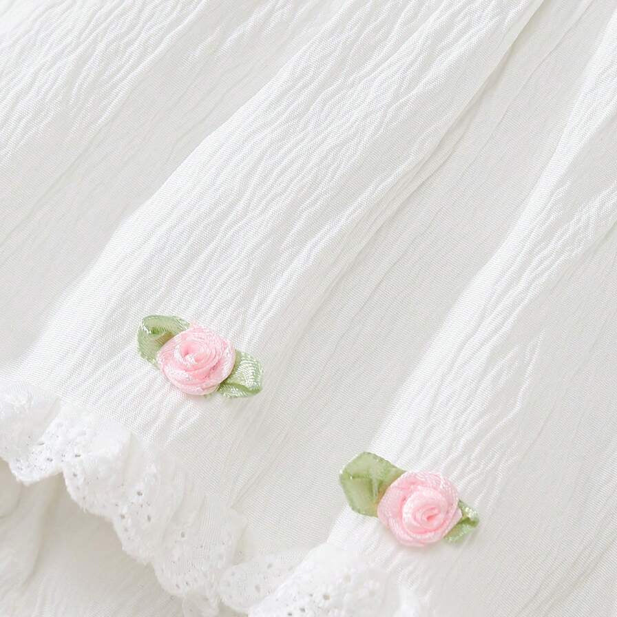 Sweet Solid Color Fabric Rosette Eyelet Lace Short Sleeve Baby Romper