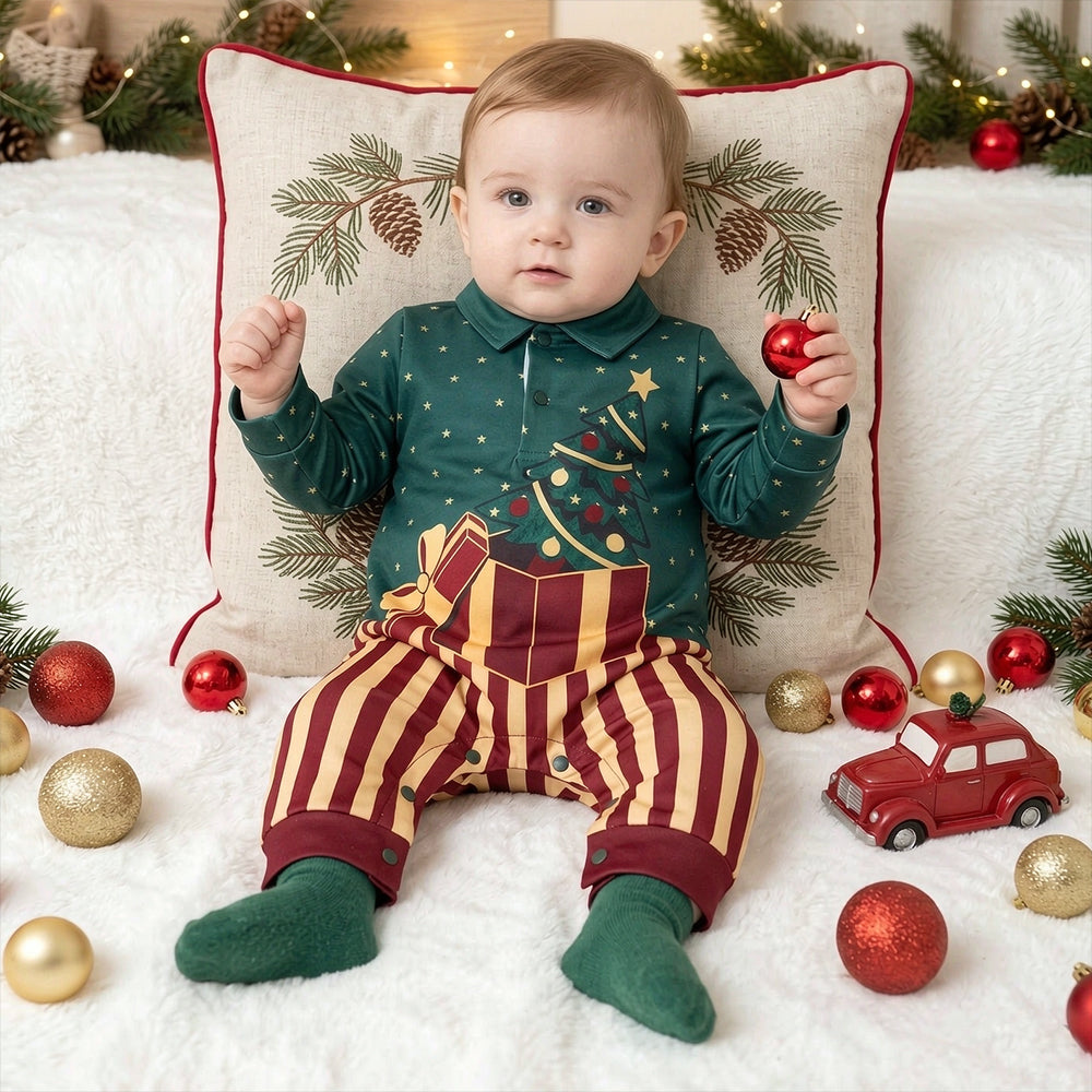 Lovely Tree Stripe Print Long Sleeve Baby Christmas Jumpsuit