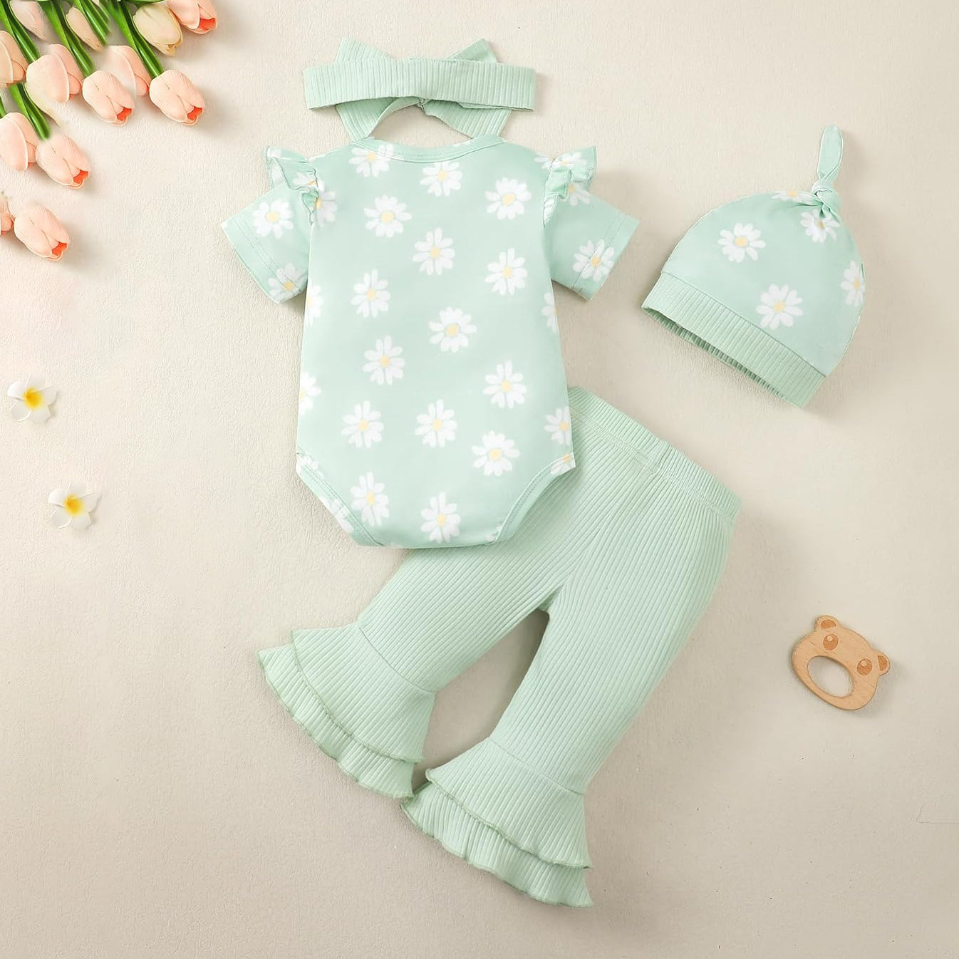 4PCS Lovely Daisy Print Long Sleeve Baby Set
