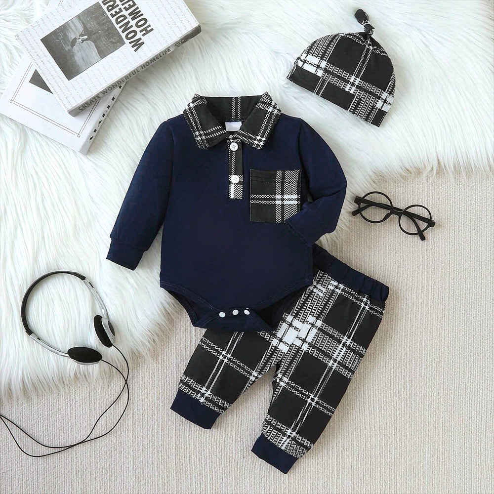 3PCS Dapper Plaid Printed Long Sleeve Baby Boy Set