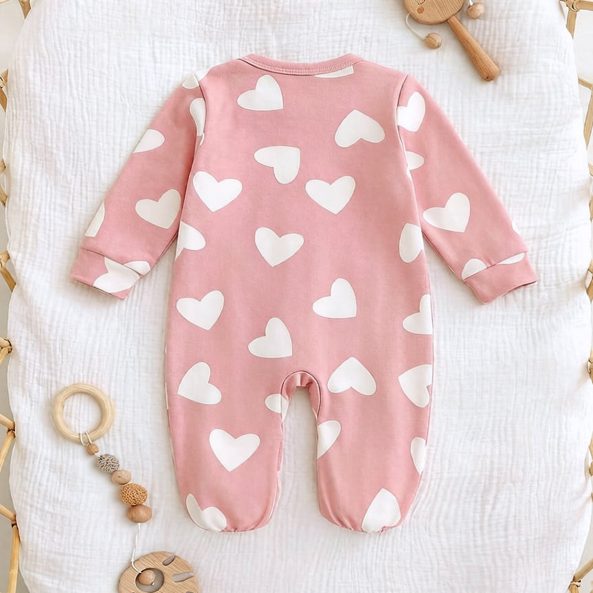 Adorable Heart Print Long Sleeve Zipper Baby Jumpsuit