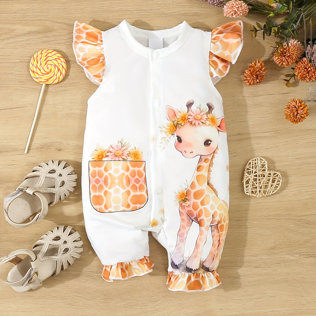 Cartoon Giraffe Printed Sleeveless Baby Jumpsuit
