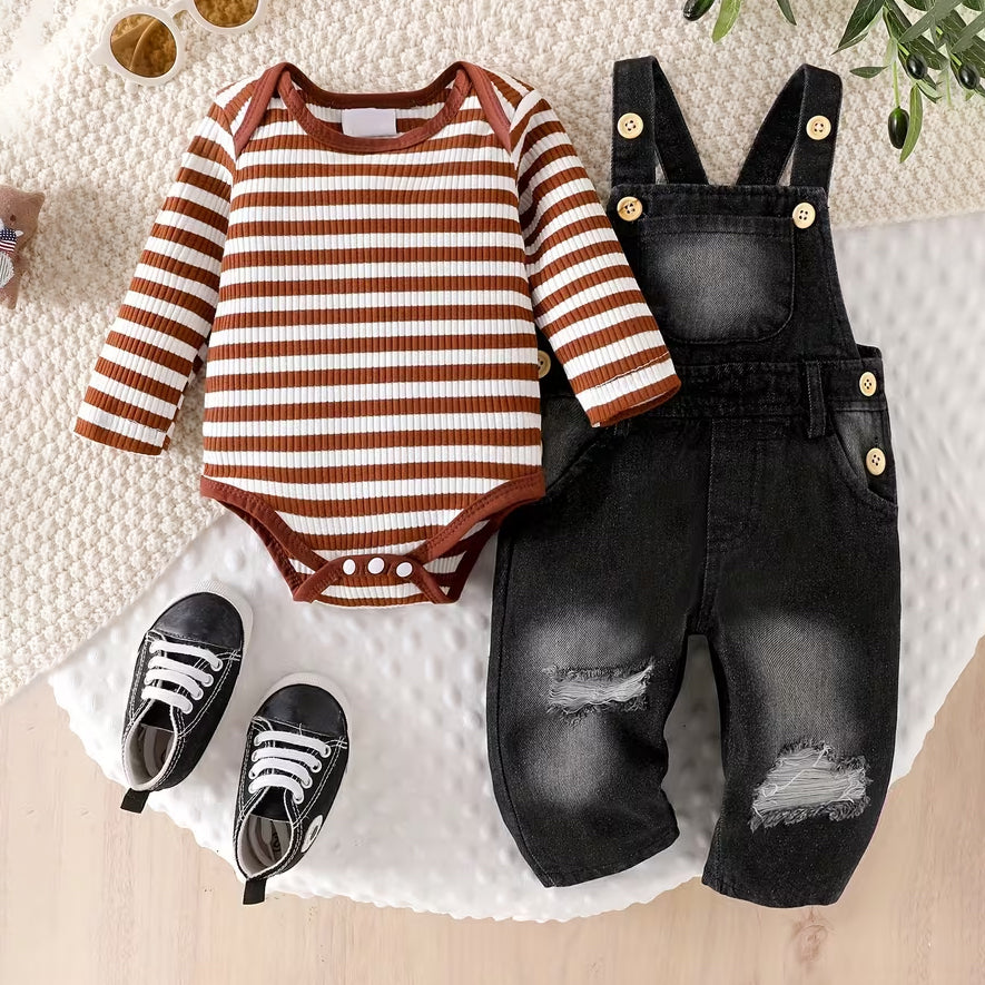 2PCS Stripe Print Denim Overalls Baby Set