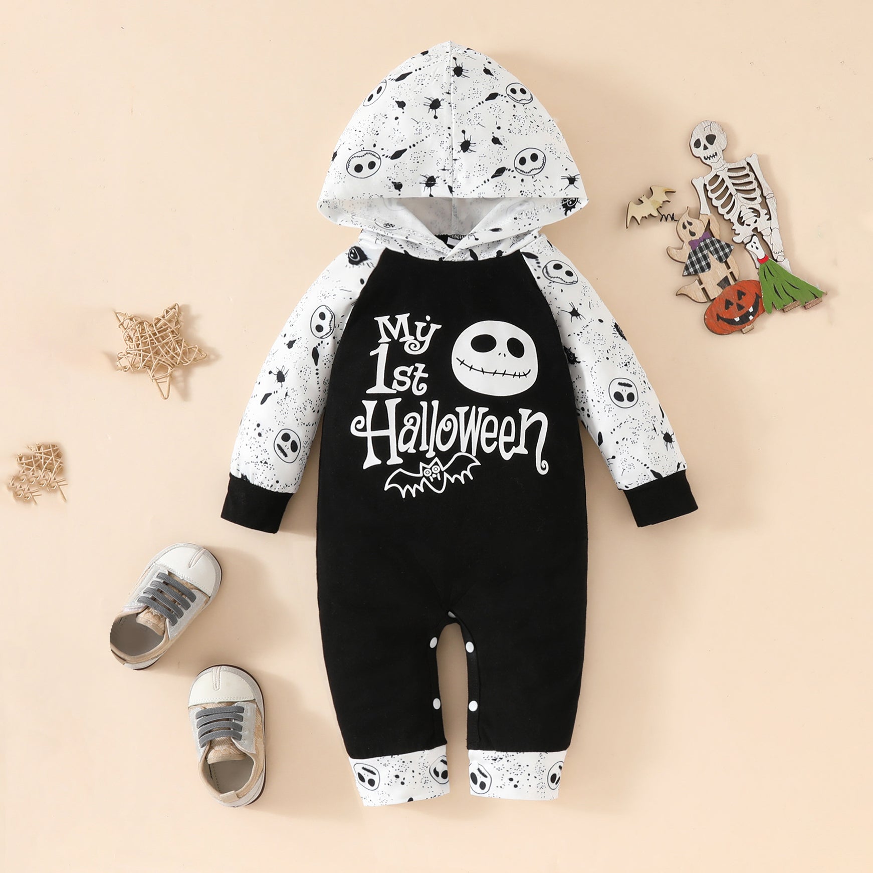 My 1st Halloween Letter Skull Printed Hooded Baby Jumpsuit