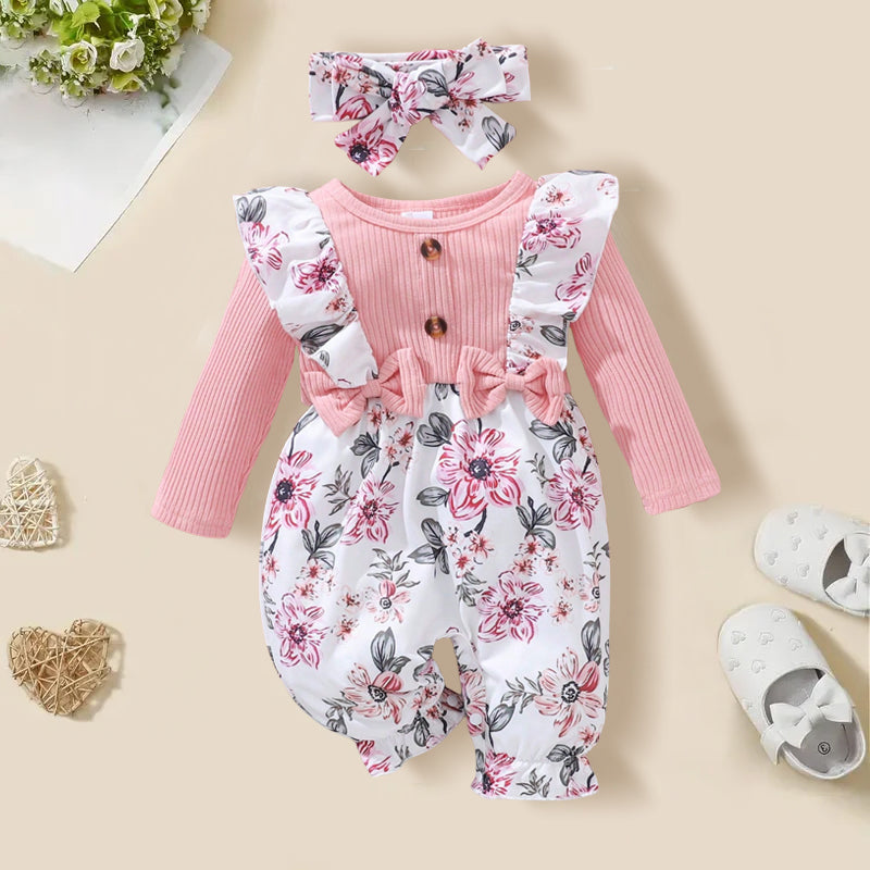 2PCS Delightful Floral Printed Ruffle Baby Jumpsuit
