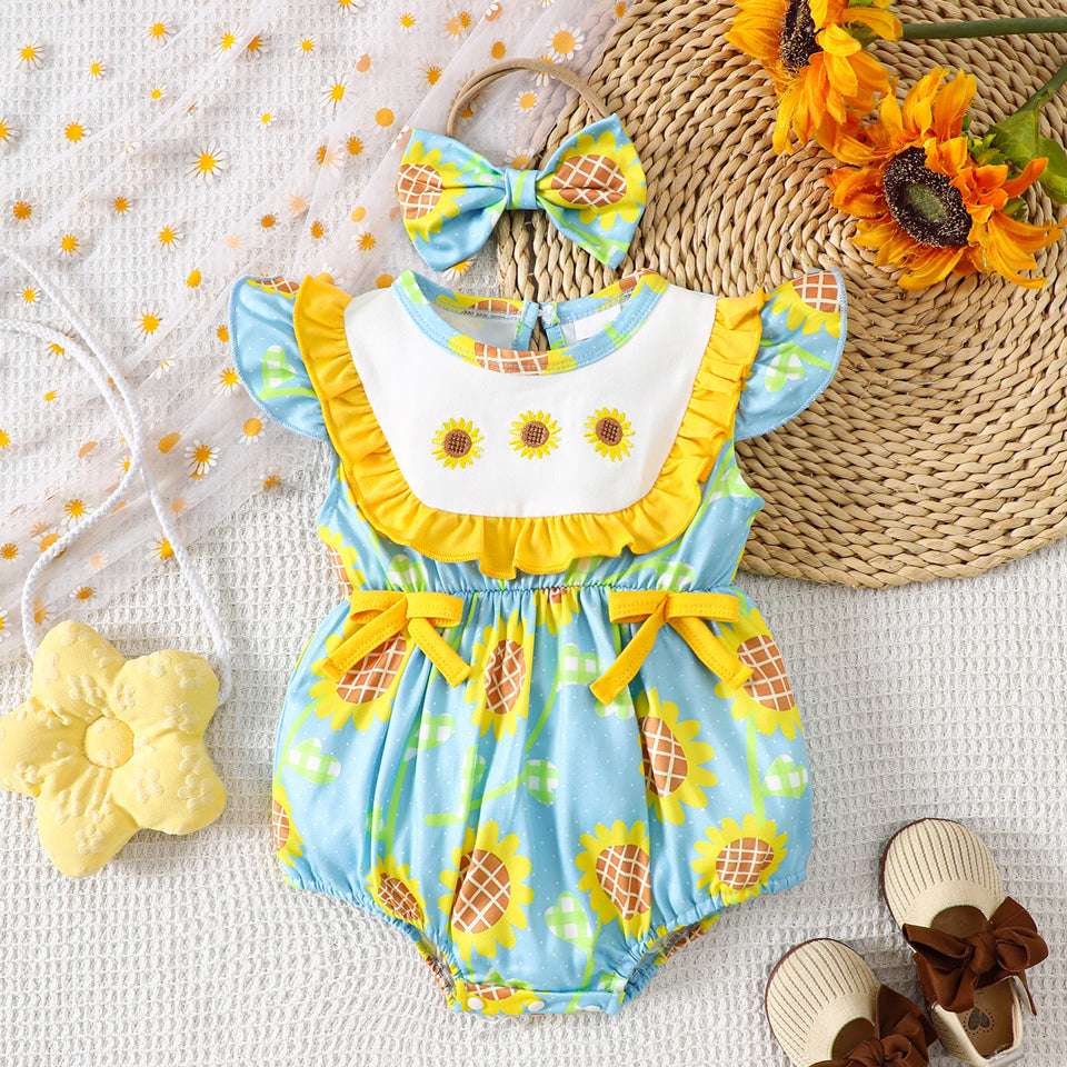 2PCS Sweet Sunflower Print Bow Flutter Sleeve Baby Romper