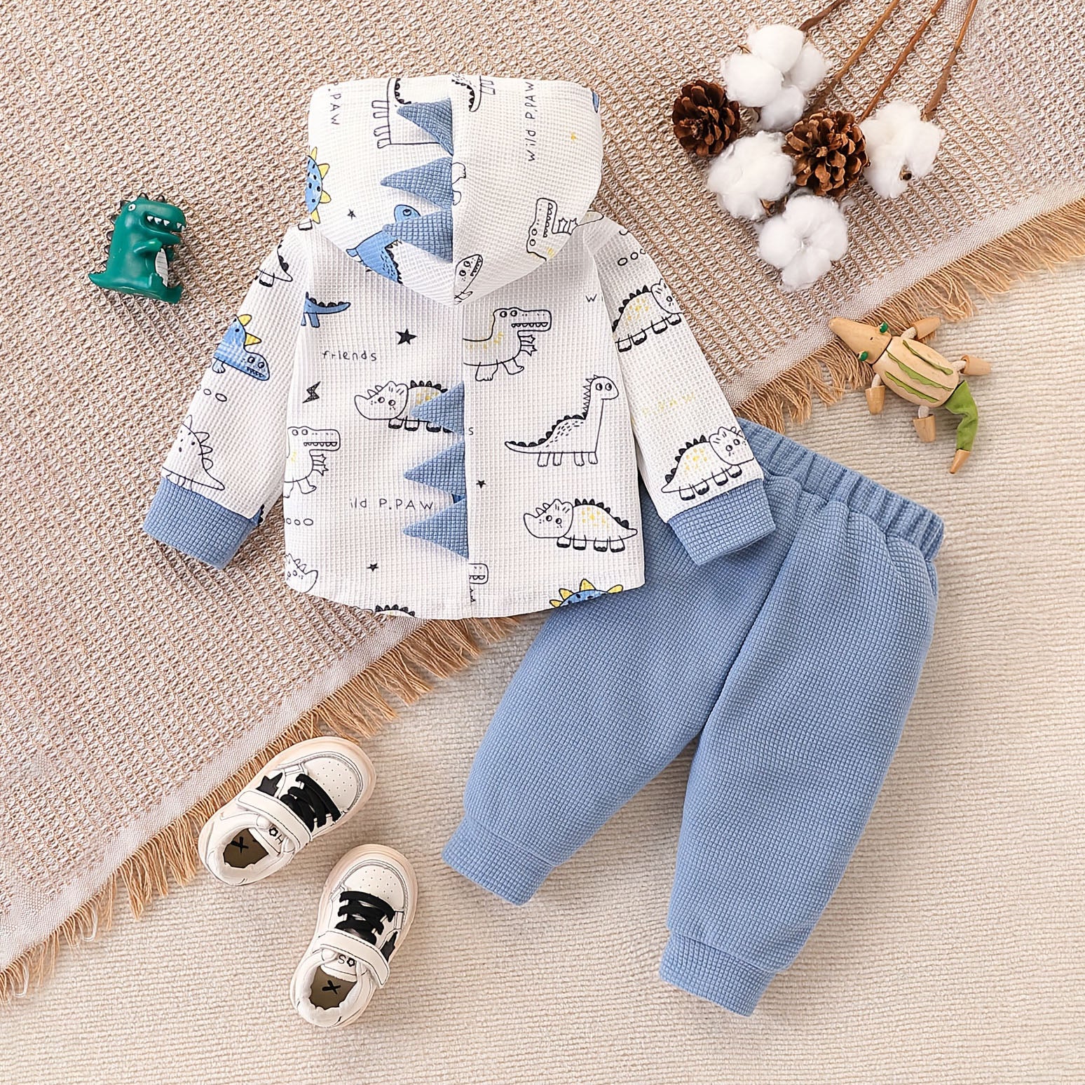 2PCS Comfy Cute Dinosaur Print Long Sleeve Hooded Baby Set