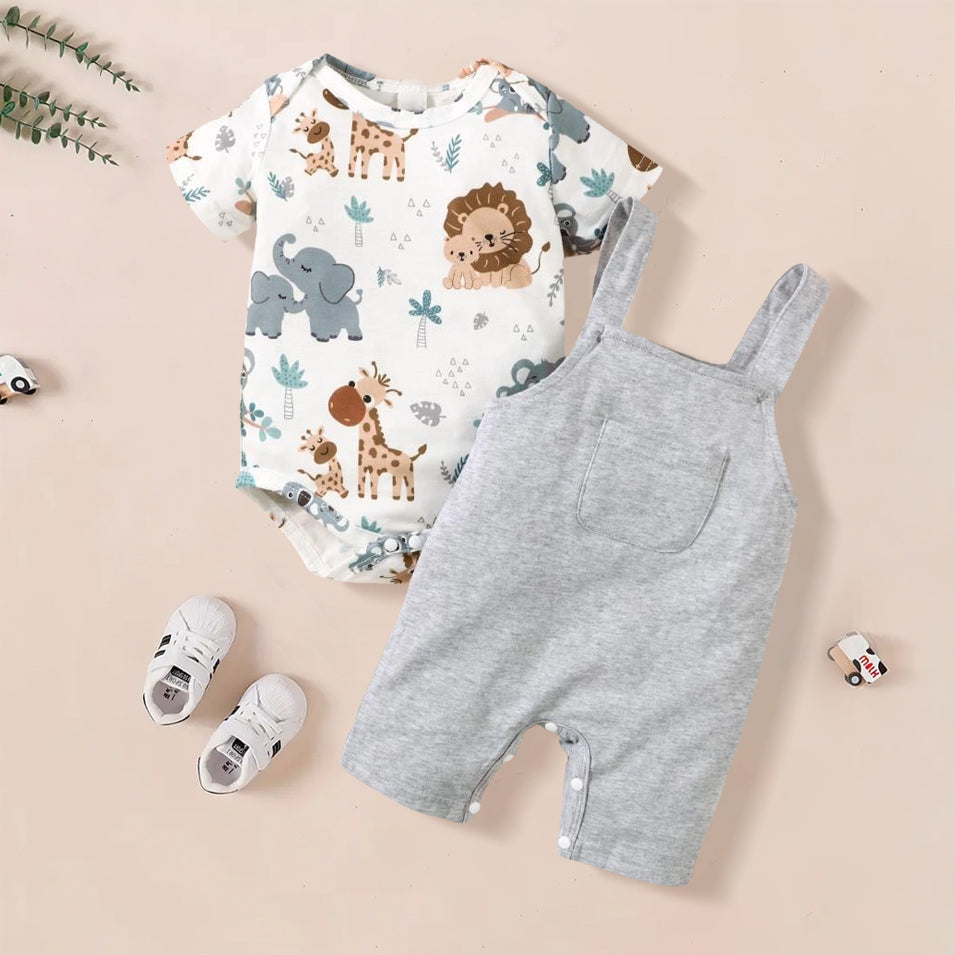 2PCS Cute Animal Printed Baby Overalls Set