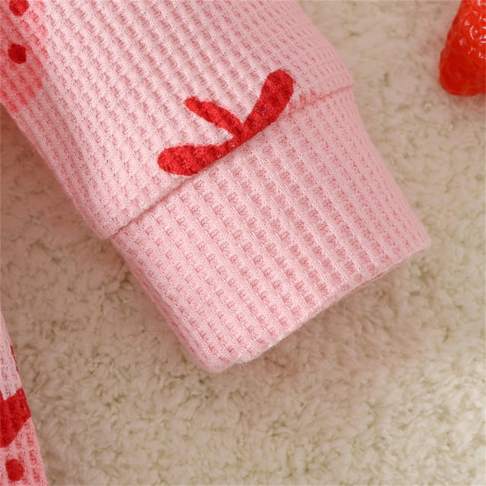 2PCS Strawberry and Bow Print Long Sleeve Baby Jumpsuit