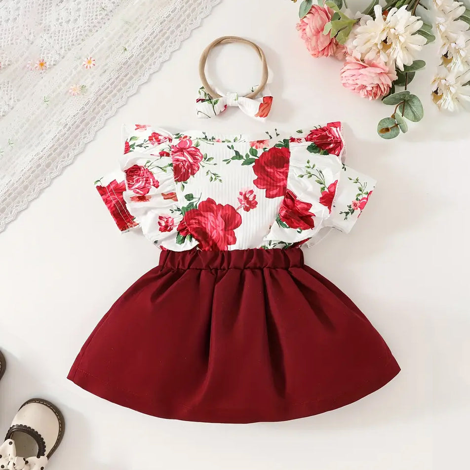 2PCS Charming Floral Printed Short Sleeve Dress with Bow Headband