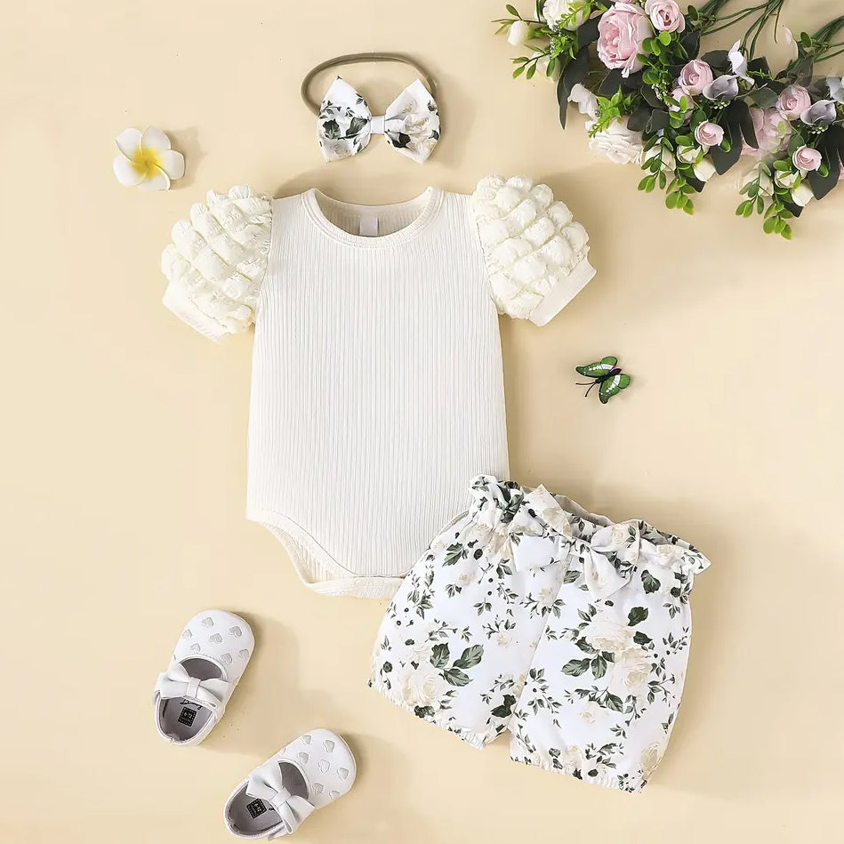 3PCS Summer Casual Floral Printed Puff Sleeves Baby Set