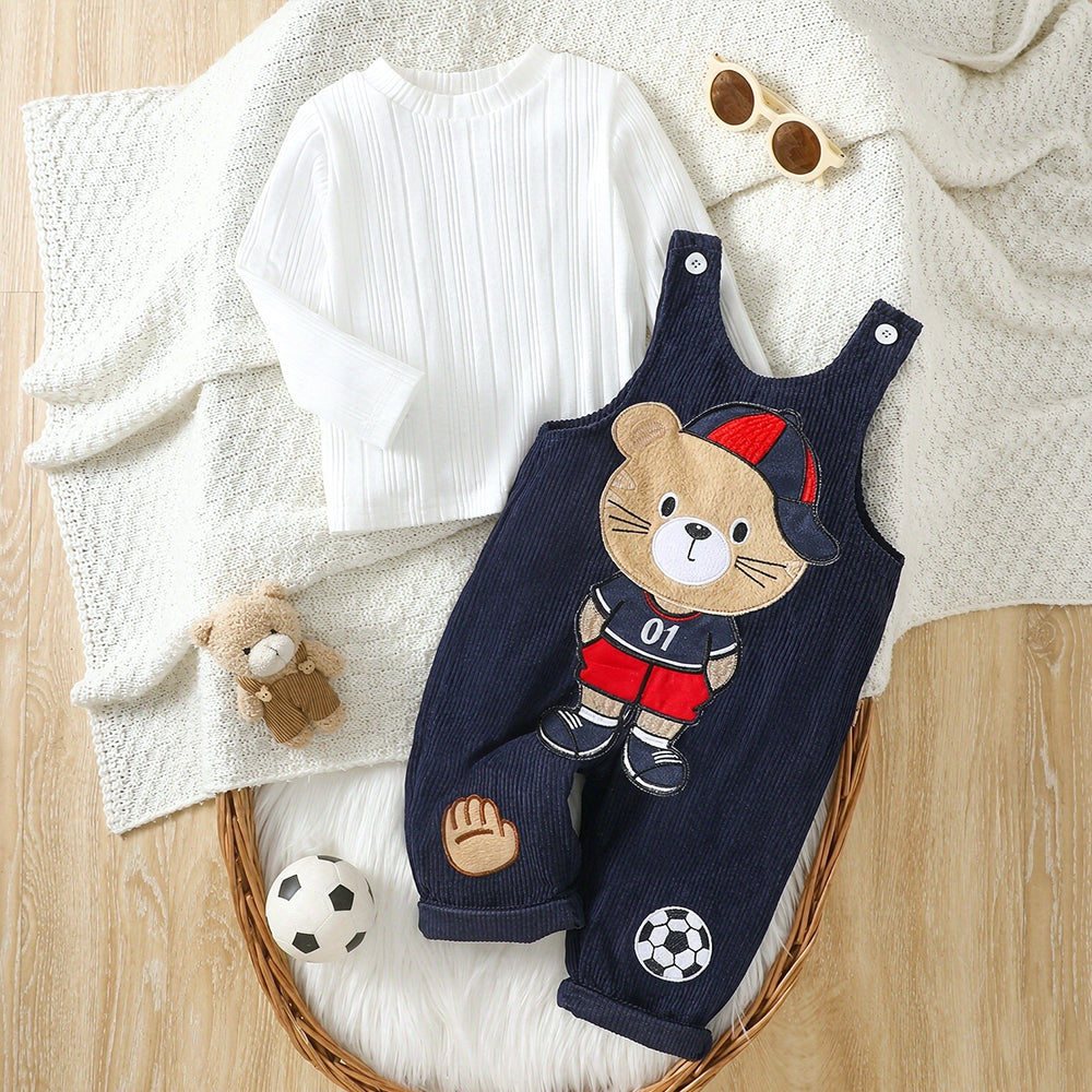 2PCS Cozy Bear Applique Long Sleeve Corduroy Baby Boy Overalls Set
