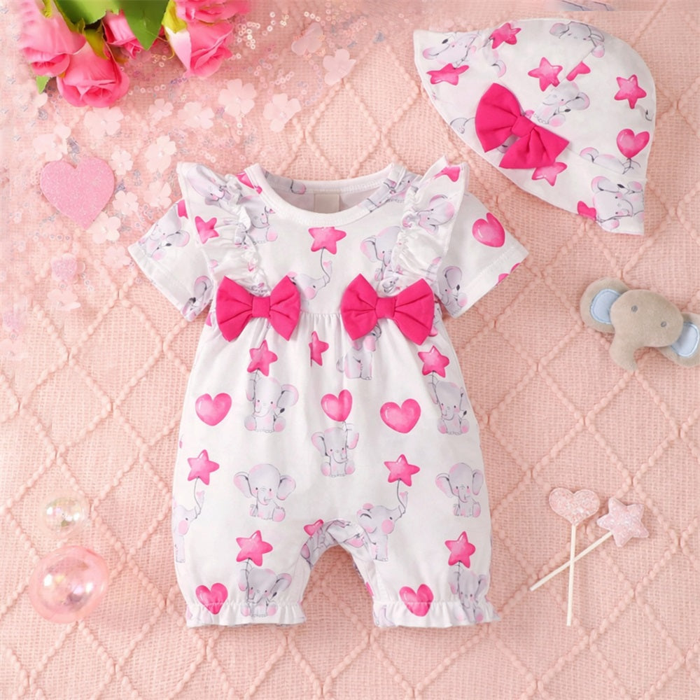 2PCS Adorable Elephant Printed Short Sleeve Baby Jumpsuit
