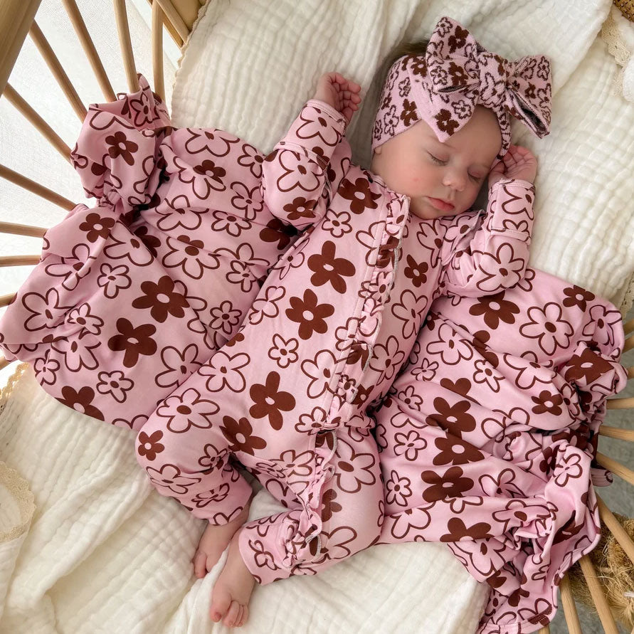 2PCS Bubbly Floral Print Zipper Long Sleeve Baby Girl Jumpsuit