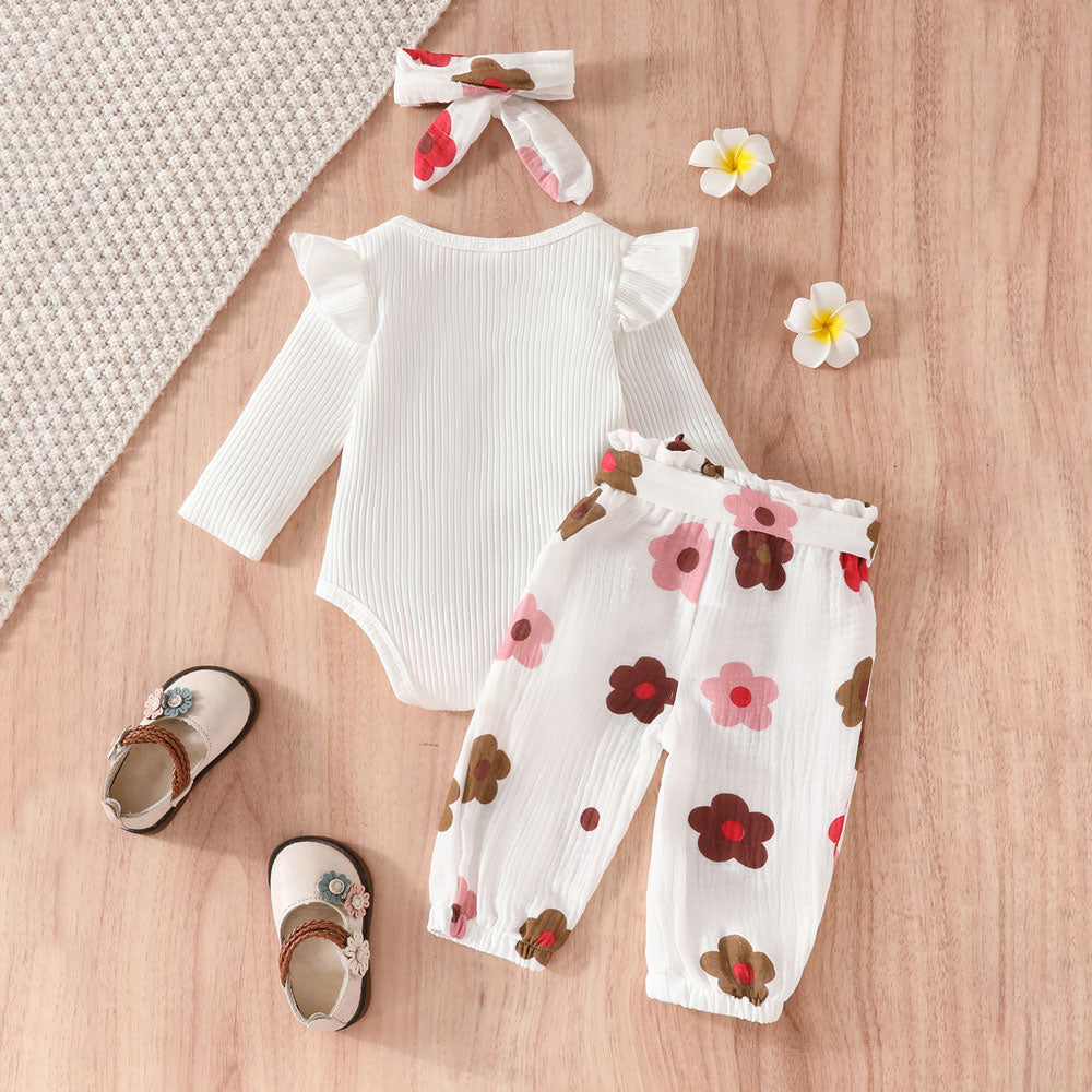 3PCS Timeless Mommy's Little Bestie Letter Floral Printed Baby Girl Set