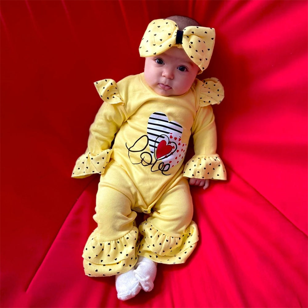 2PCS Love Letter Heart Long Sleeve Ruffle Baby Jumpsuit