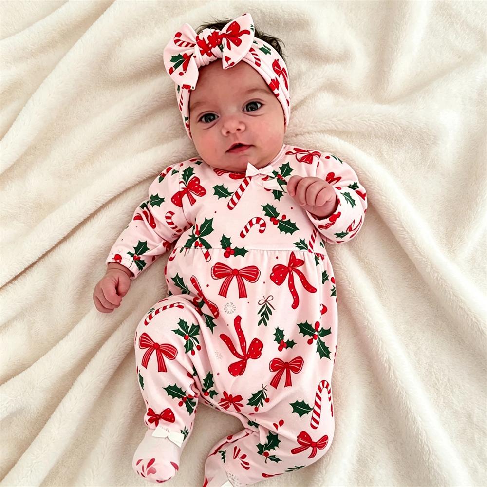 2PCS Cute Christmas Bow Candy Cane Printed Baby Jumpsuit