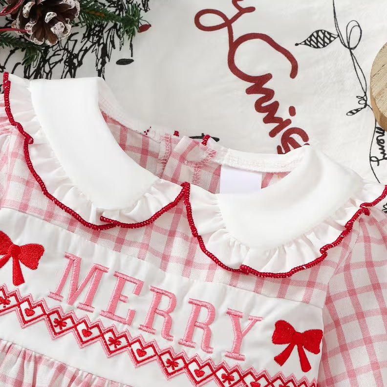 Merry Letter Santa Claus Applique Plaid Print Baby Girl Romper