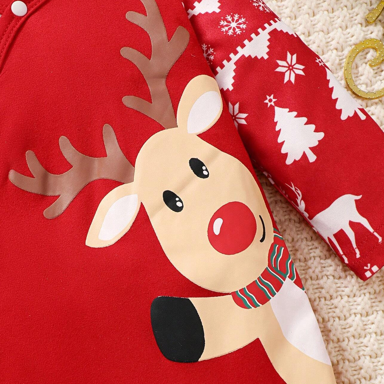 Cute Christmas Elk Printed Long Sleeve Baby Jumpsuit