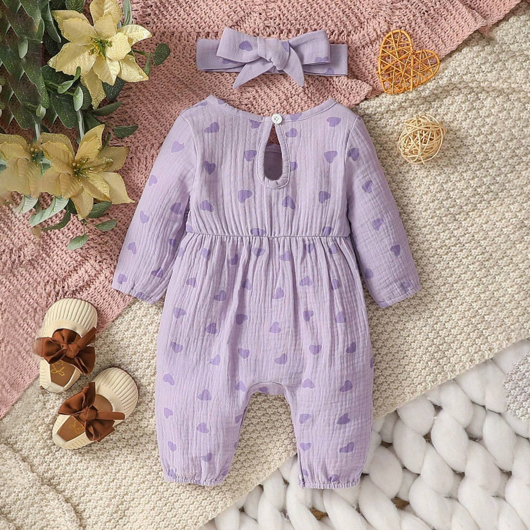 2PCS Elegant Heart Printed Bow Long Sleeve Baby Jumpsuit
