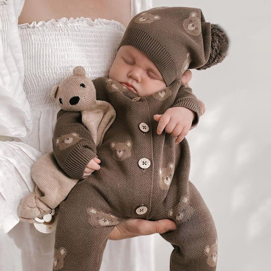 2PCS Stylish Warm Bear Printed Knitted Long Sleeve Baby Jumpsuit