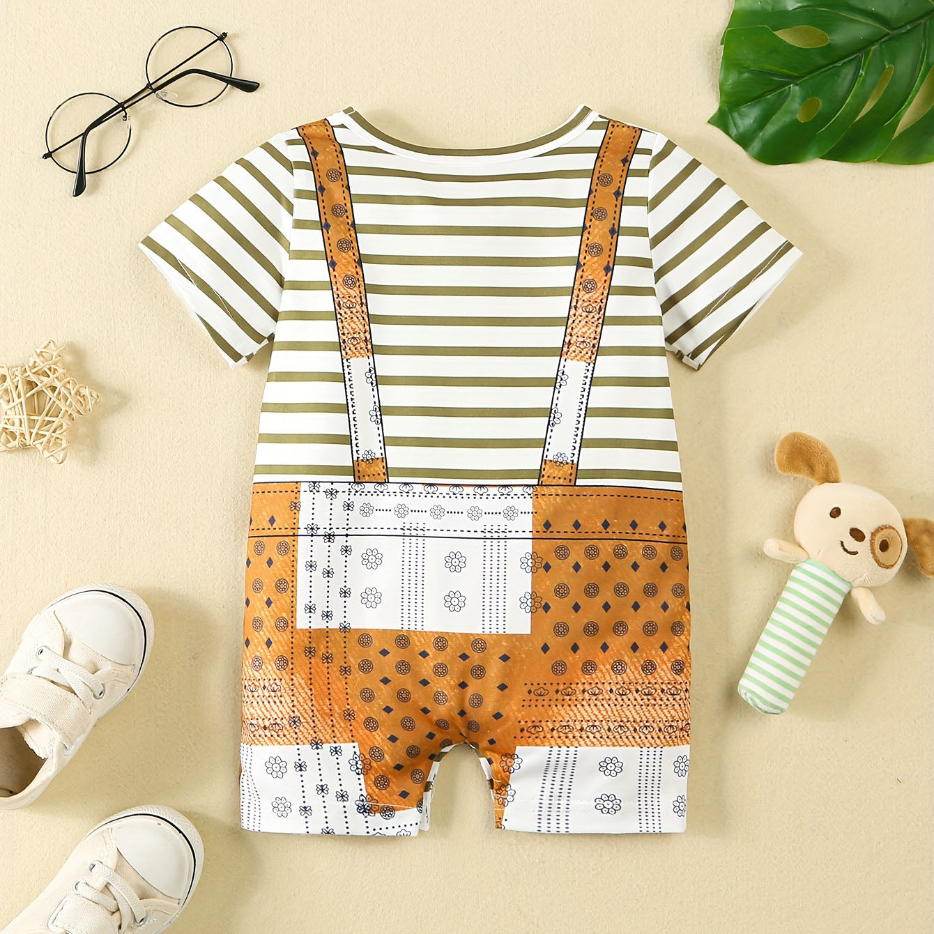 Casual Puppy Print Striped Short Sleeve Baby Jumpsuit