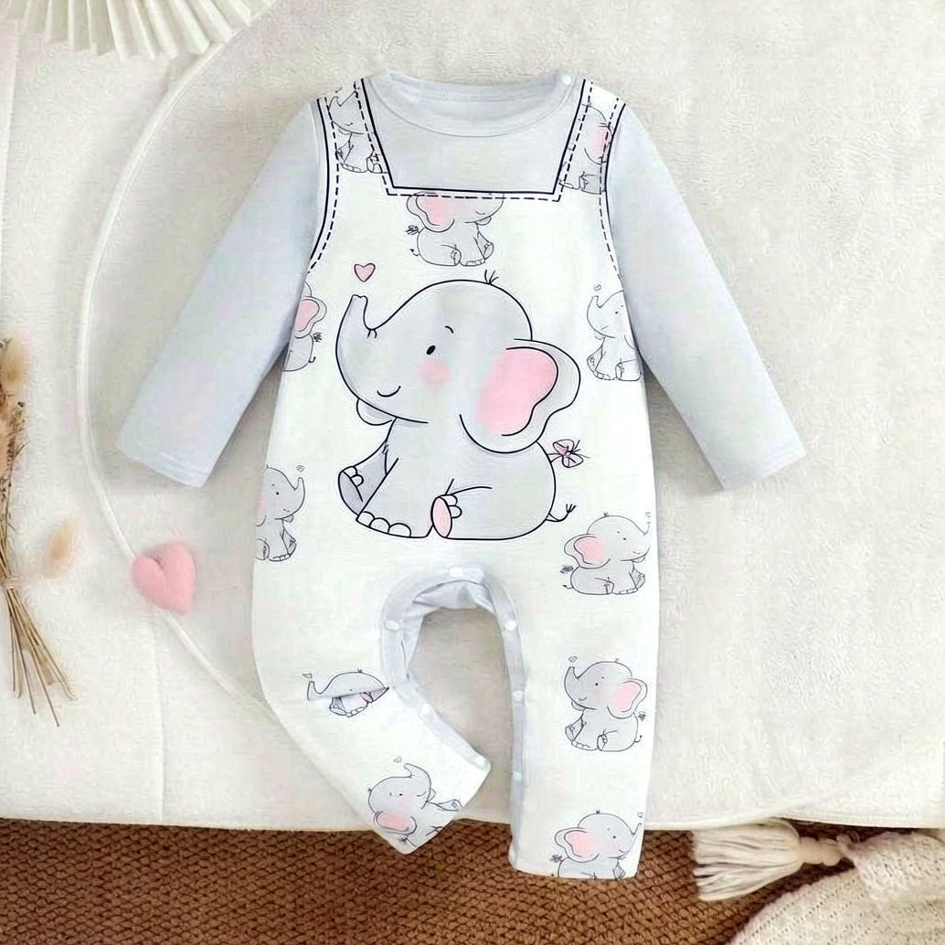 Classic Elephant Print Long Sleeve Baby Jumpsuit