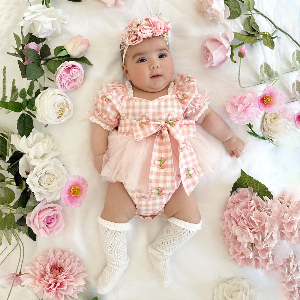 Sweet Strawberry Print Plaid Short Sleeve Baby Romper