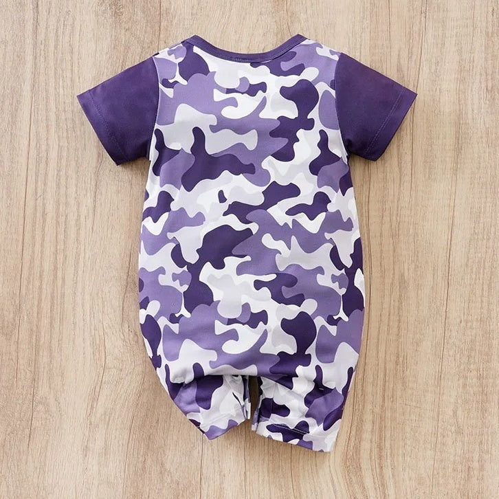 Casual Purple Camouflage Print Short Sleeve Baby Jumpsuit