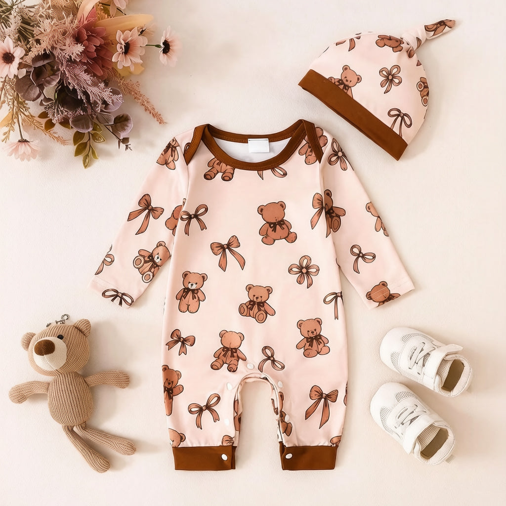 2PCS Casual Bear Bow Print Long Sleeve Baby Jumpsuit