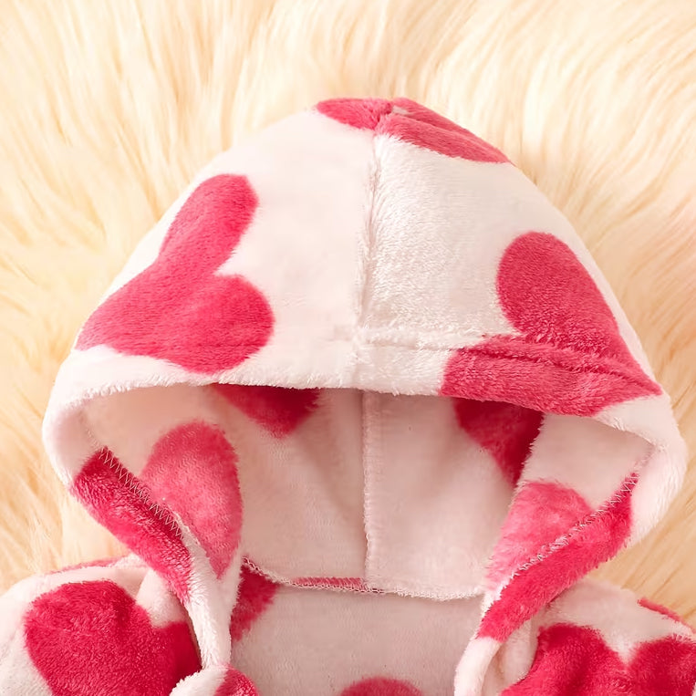Cute Baby Girl Heart Print Fleece Hooded Zipper Jumpsuit