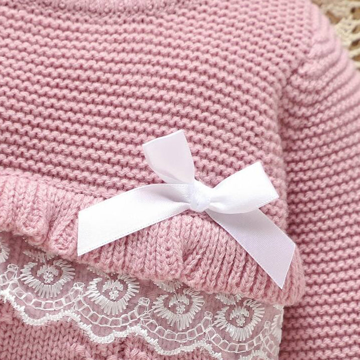 Cozy Solid Color Lace Knitted Long Sleeve Baby Girl Jumpsuit