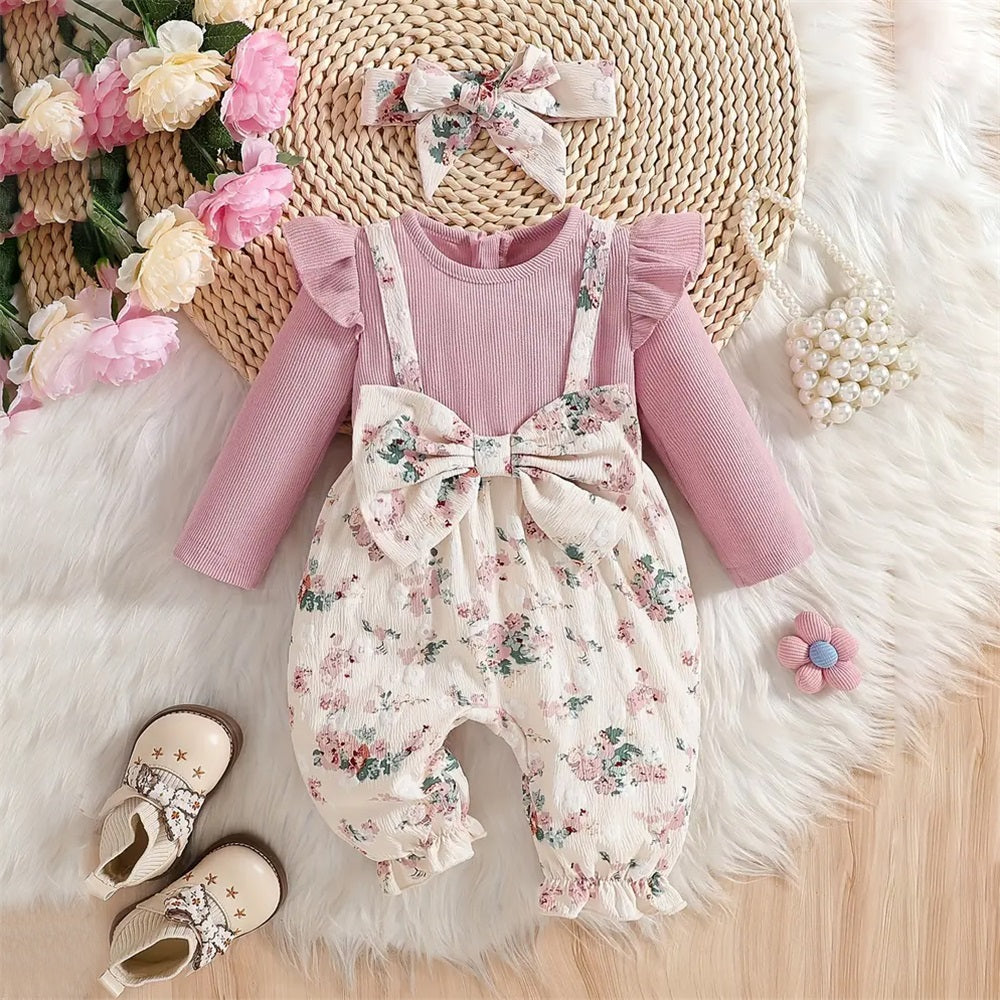 2PCS Floral Print Bow Decor Long Sleeve Baby Jumpsuit
