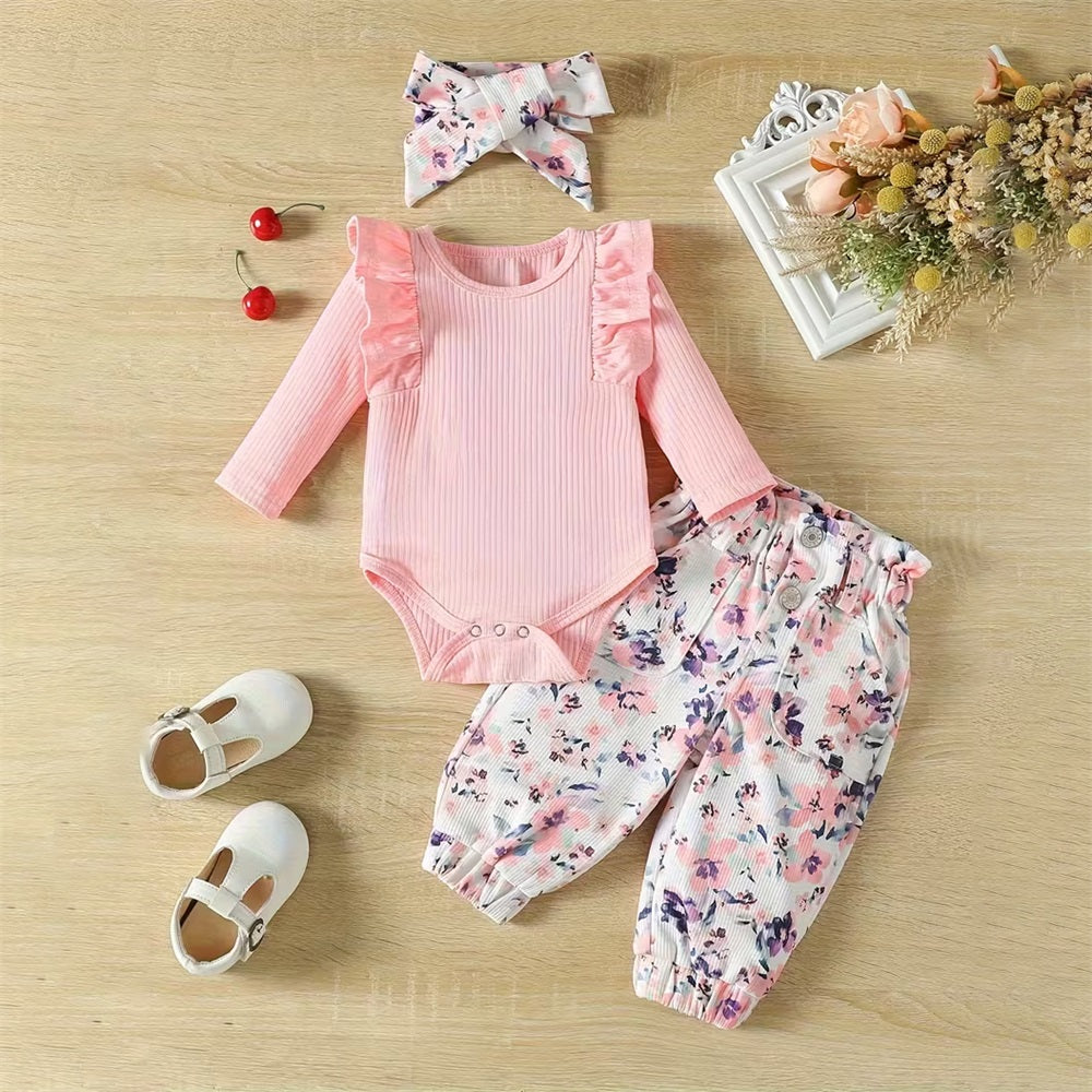 3PCS Comfy Pretty Floral Printed Long Sleeve Baby Set